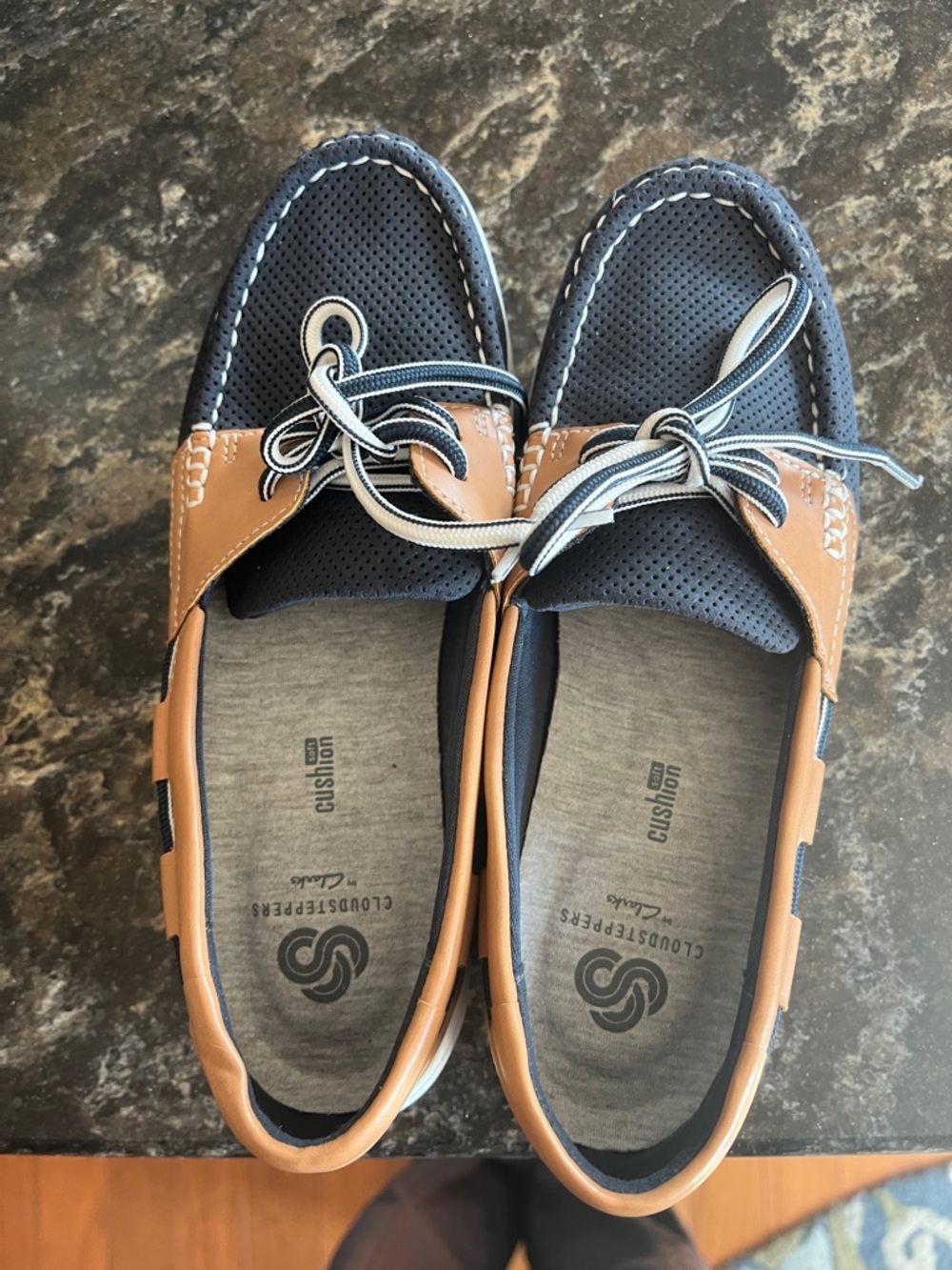 Clark’s Casual Womens Navy and Tan Slip-On Boat Shoes